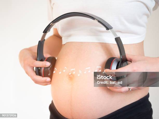 Pregnant Woman Holding Headphones On Her Belly Music For Baby Concept Pregnancy  And Music Stock Photo - Download Image Now - iStock