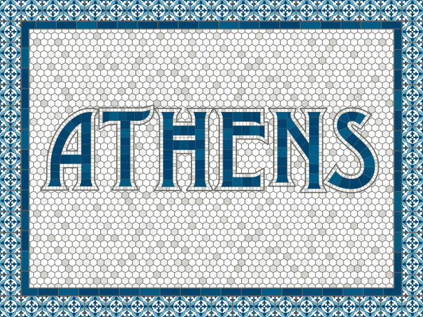 stockillustraties, clipart, cartoons en iconen met athene oude ouderwetse mozaïek tegel typografie - athens