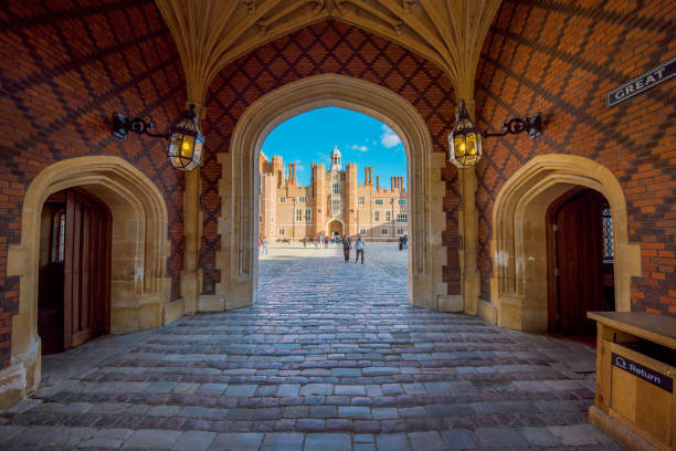 London: The main entrance architecture of Hampton Court Palace, a famous palace and historic landmark in the Richmond area on October 27, 2017 in London