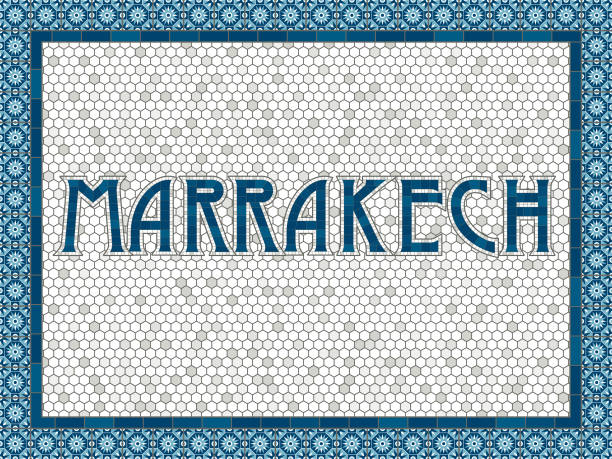 Marrakech Old Fashioned Mosaic Tile Typography An old art-deco inspired word done in an aged mosaic tile style. Colors are global swatches so they're easy to change. The vector file is built in CMYK for optimal printing. marrakech stock illustrations