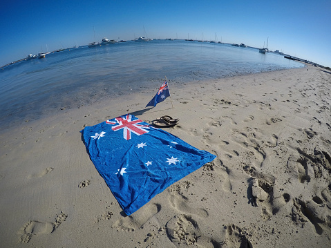 a Go Pro image of a beach scene - with Australian flags.