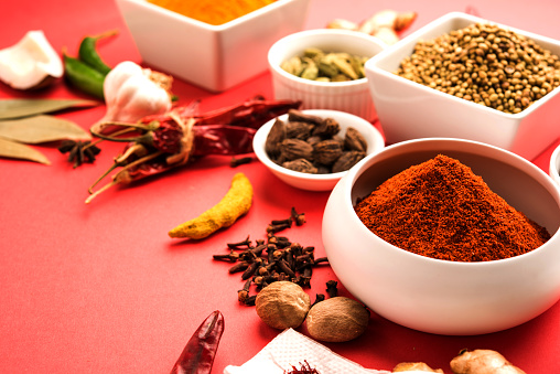 Variety of raw Authentic Indian Spice Powder in white bowl over red background, selective focus