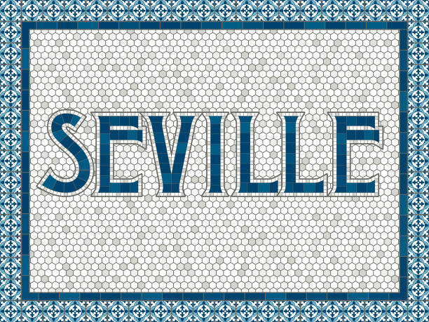 Seville Old Fashioned Mosaic Tile Typography An old art-deco inspired word done in an aged mosaic tile style. Colors are global swatches so they're easy to change. The vector file is built in CMYK for optimal printing. sevilla stock illustrations