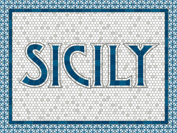 stockillustraties, clipart, cartoons en iconen met sicilië oude ouderwetse mozaïek tegel typografie - sicilië