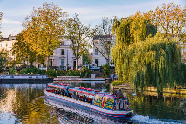 Little Venice on Regents Canal London: View of boats and nature in the famous Little Venice along the Regents Canal on October 30, 2017 in London little venice london stock pictures, royalty-free photos & images