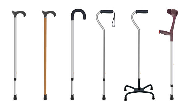 istock Set of walking sticks and crutches. Telescopic metal canes, wooden cane, cane with additional support,  elbow crutch. Medical devices. Vector illustrations 901419450