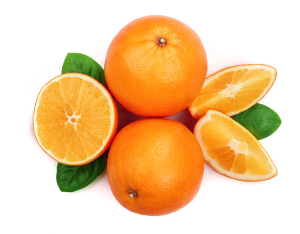 istock Orange with slice and leaf isolated on the white background. Flat lay pattern. Top view 901432342