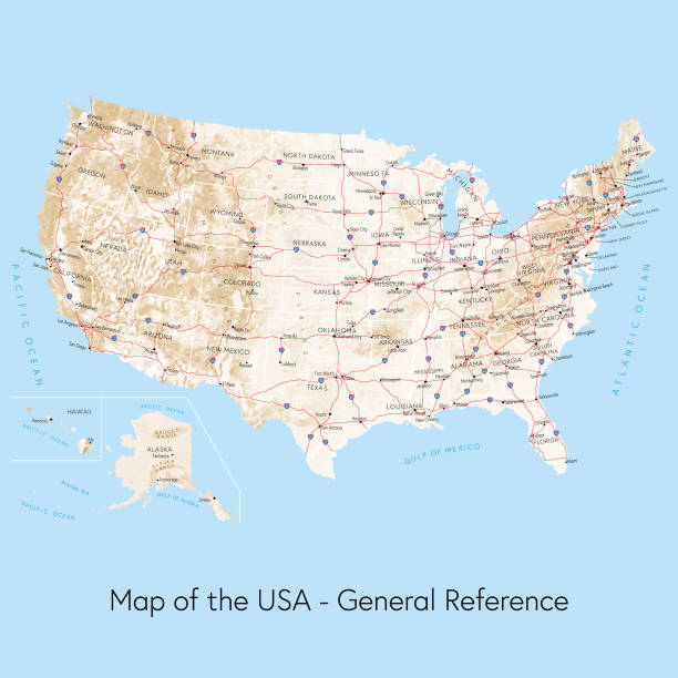 Map of the USA general reference Vector illustration of a map of the United States of America.

The reference map used in the creation of this illustration is public domain map available at the University of Texas website:
http://www.lib.utexas.edu/maps/united_states.html#usa

This illustration was created using the software Adobe Illustrator CC alaska us state illustrations stock illustrations