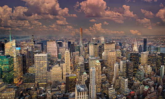 New York town, aerial panorama of Manhattan, skyline at sunset