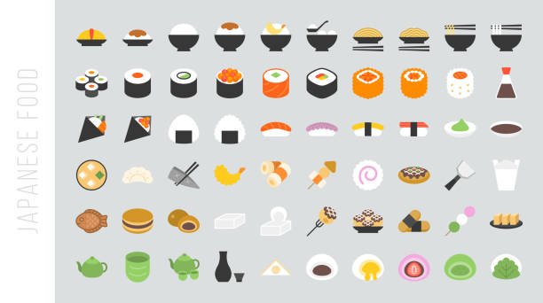 illustrazioni stock, clip art, cartoni animati e icone di tendenza di grande set di icona piatta giapponese di cibo e bevande - okonomiyaki