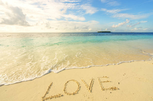 Love written on the golden sunset beach