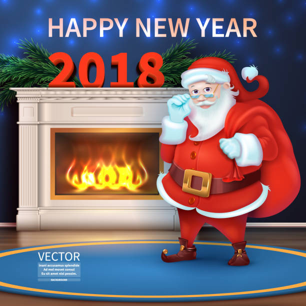 Holidays Background With Season Wishes Merry Christmas And Happy New Year  2018 Realistic Santa Claus Cartoon Cute Character Beautiful Fireplacevector  Illustration Stock Illustration - Download Image Now - iStock
