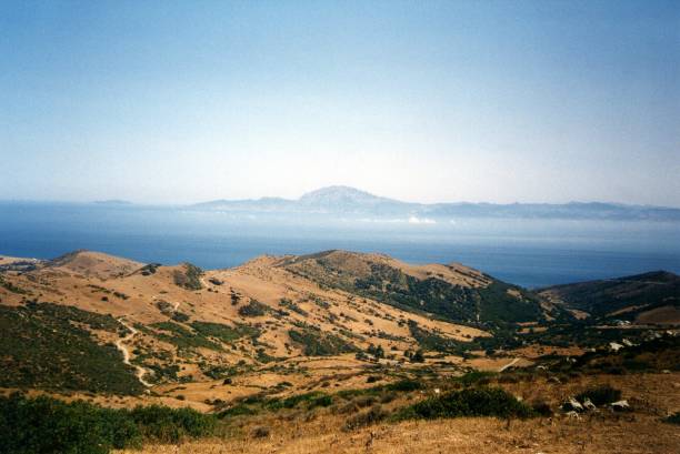 Strait of Gibraltar overlook at Mirador del Estrecho, Spain The view point at Mirador del Estrecho, a scenic overlook over the Strait of Gibraltar located within the municipal borders of Tarifa, Andalucia, Spain. mirador stock pictures, royalty-free photos & images