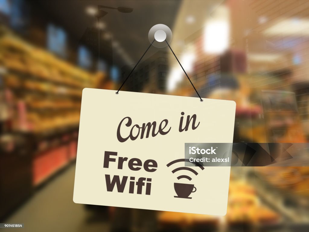 Store open sign free wifi internet Wireless Technology Stock Photo