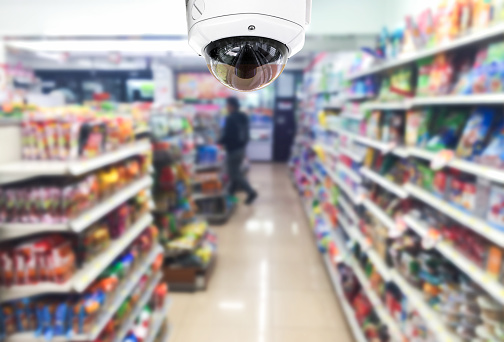 CCTV on shop supermarket on blurry background.