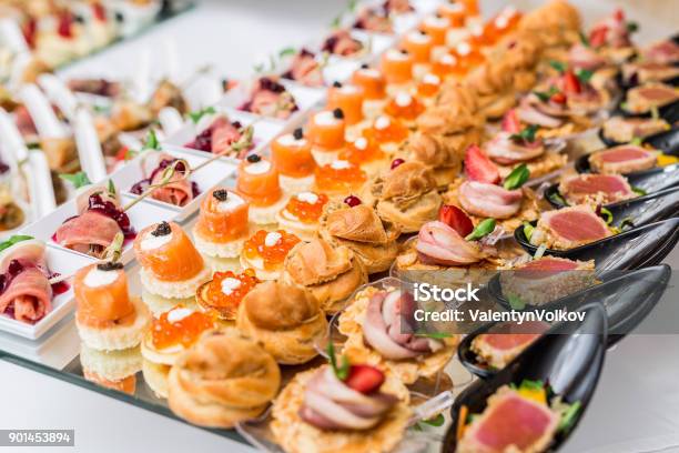 Gourmet Appetizers Caviar Venison Tuna And Salmon Stock Photo - Download Image Now