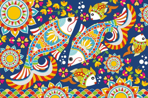 ilustrações, clipart, desenhos animados e ícones de indian folk pintura ornamental madhubani pintura de um peixe - abstract animal aquatic art