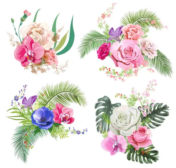 Vector illustration of Collection bouquets of tropical flowers: pink rose, red carnation, purple orchid, blue anemone, leaves of coconut palm, twigs and berries. Digital draw in watercolor style, concept for design, vector