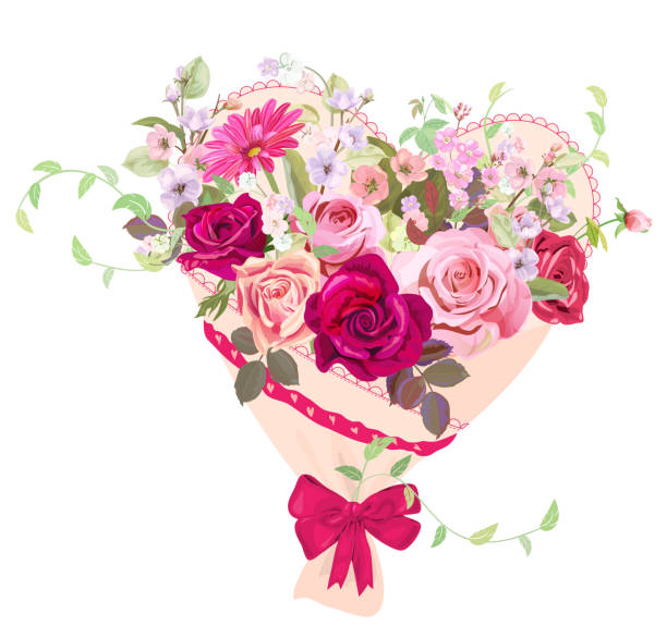 꽃의 부케와 함께 심장입니다. 발렌타인 카드입니다. 흰색 바탕에 레드, 핑크 장미, 봄 꽃, 분기 연보라 사과 나무 꽃, 새싹, 잎. 디지털 그리기, 수채화 스타일, 벡터 - romance red bow rose stock illustrations