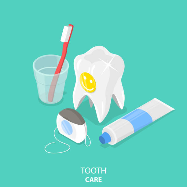 치아 관리 평면 아이소메트릭 벡터. - dental hygiene dental equipment brushing teeth dental floss stock illustrations