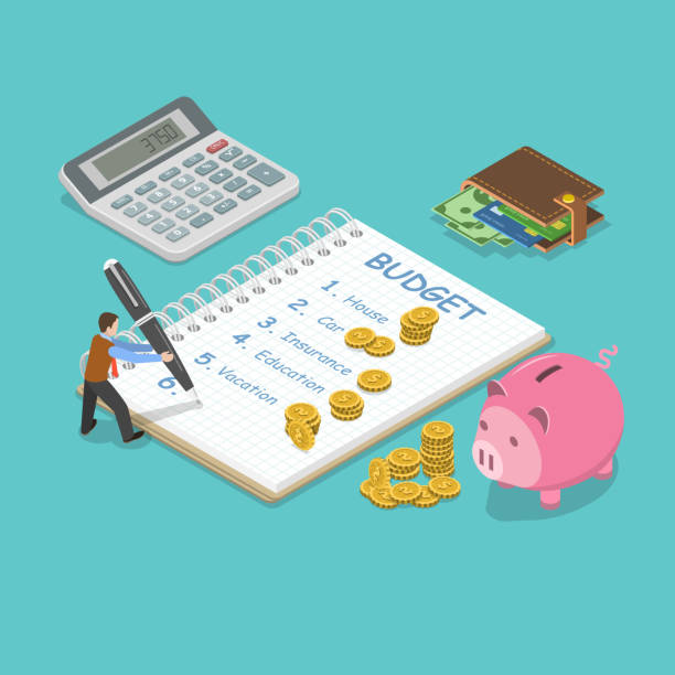 Family budget flat isometric vector concept. Family budget flat isometric vector concept. Man is planning the family budget and write down it into the notepad. There is some amount of money near of the each of the budget item. budget illustrations stock illustrations