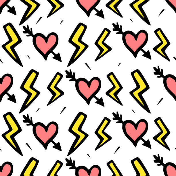 ilustrações, clipart, desenhos animados e ícones de relâmpagos e coração com flecha. desenho à mão doodles padrão sem emenda - valentines day hearts flash
