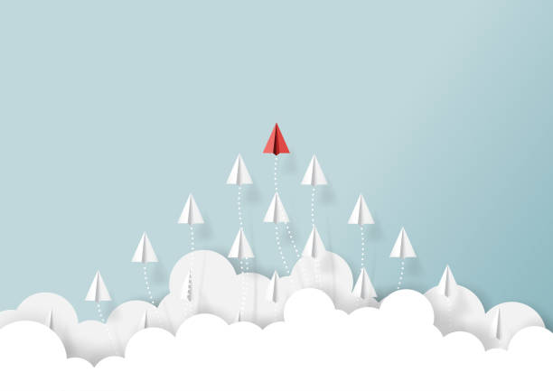 Paper airplanes teamwork flying from clouds Paper airplanes flying from clouds on blue sky.Paper art style of business teamwork creative concept idea.Vector illustration background of a definition stock illustrations