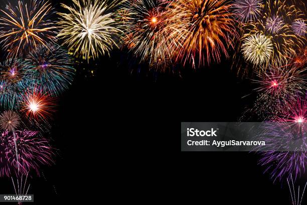 Isolated Colourful Fireworks Background With Space In The Middle Stock Photo - Download Image Now