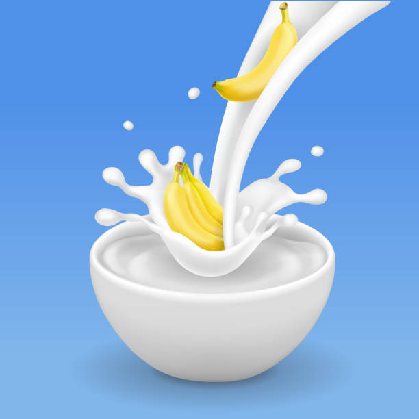 ilustrações de stock, clip art, desenhos animados e ícones de banana and milk flow. realistic fruit dessert in yogurt bowl - dairy farm liquid food and drink splashing