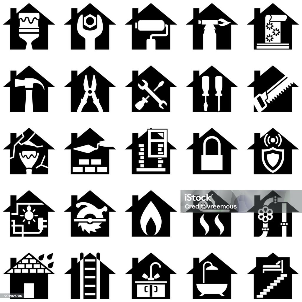 House Renovation Icons Single colour black silhouette house symbols with various tools and renovation symbols inside, isolated. Icon Symbol stock vector
