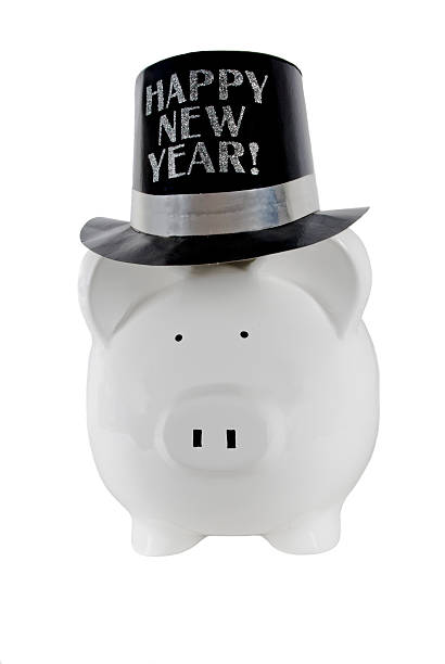 Blanc tirelire cochon heureux portant un Chapeau de fête du Nouvel An - Photo