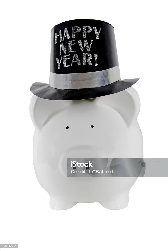 Bianco Salvadanaio a porcellino indossa un cappello di partito felice nuovo anno - Foto stock royalty-free di Salvadanaio a porcellino