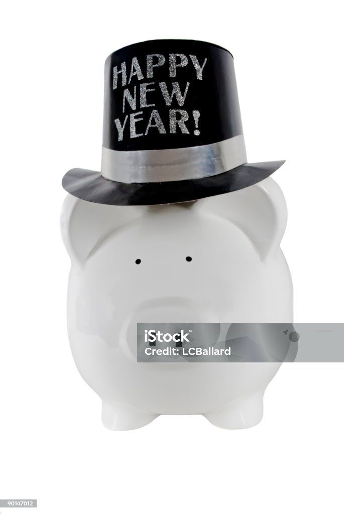 Branco piggy bank USA um feliz Ano Novo Chapéu de Festa - Foto de stock de Cofre de porquinho royalty-free