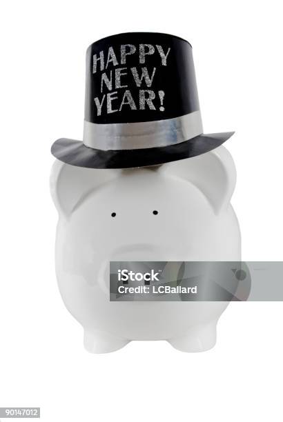 Foto de Branco Piggy Bank Usa Um Feliz Ano Novo Chapéu De Festa e mais fotos de stock de Cofre de porquinho