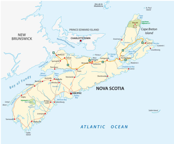 Nova Scotia road vector map, Canada Nova Scotia road vector map, Canada. maritime provinces stock illustrations