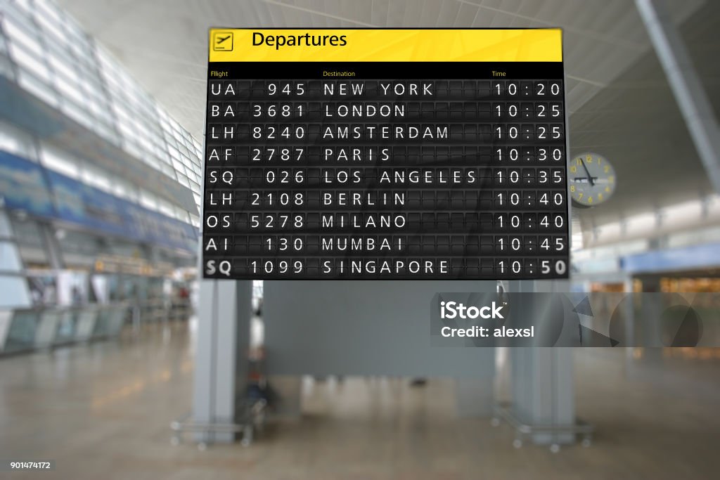 Aéroport arrivée départ horaire du vol - Photo de Tableau des départs et arrivées libre de droits