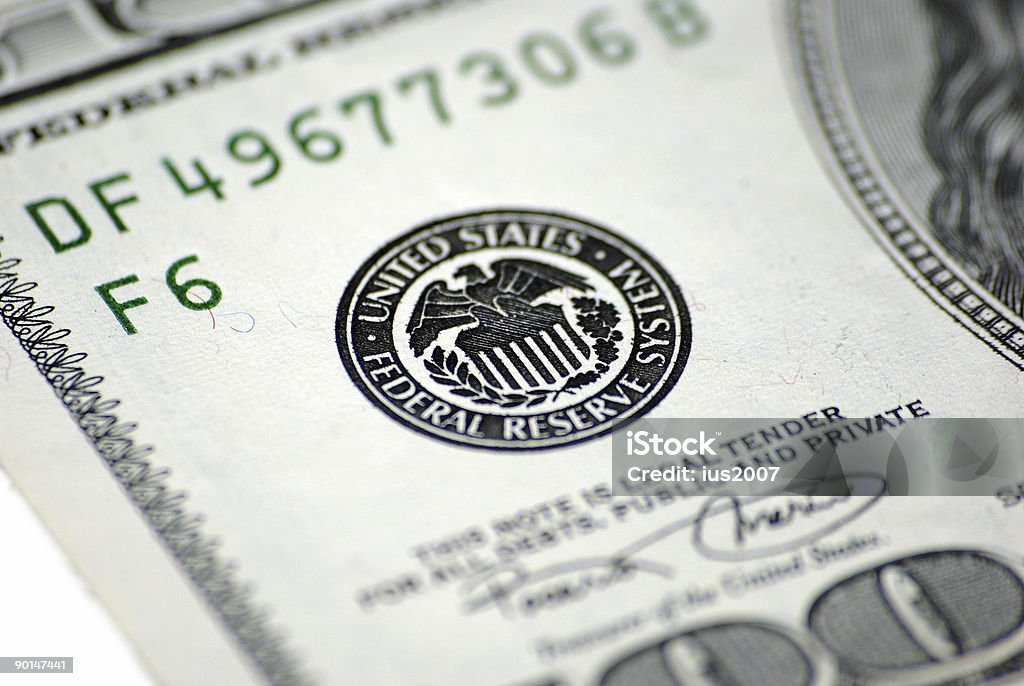 Hundert-Dollar-banknote FRS logo-Nahaufnahme - Lizenzfrei 100-Dollar-Schein Stock-Foto