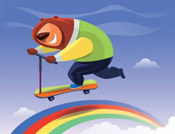 Vector illustration of happy bear skateboarding on rainbow