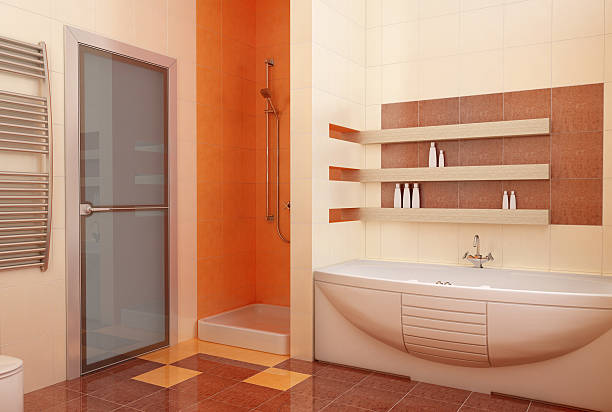 ogange ванной комнатой интерьера - patchworkdesign стоковые фото и изображения