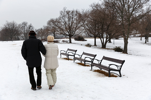 Photo of elderly couple walking in the park