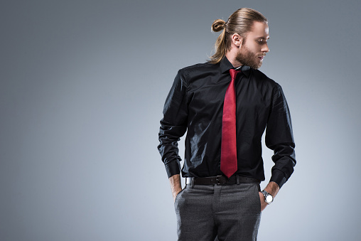 Man In Black Shirt With Red Tie Looking Away Stock Photo - Download Image  Now - Necktie, Suit, Red - Istock