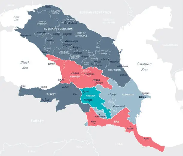 Vector illustration of Caucasus Region map - Blue Spot - curves 10