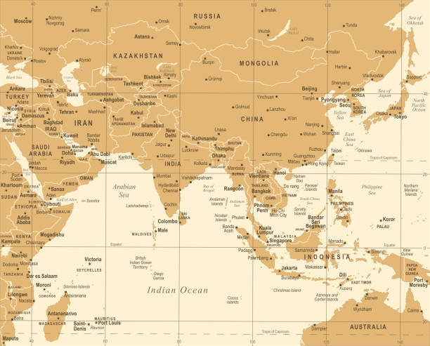 Southern Asia Map - Vintage Vector Illustration Southern Asia Map - Vintage Detailed Vector Illustration world map china saudi arabia stock illustrations