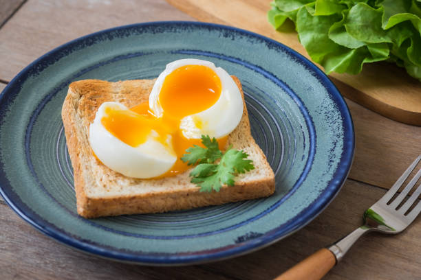 Soft boiled egg with toast on blue plate