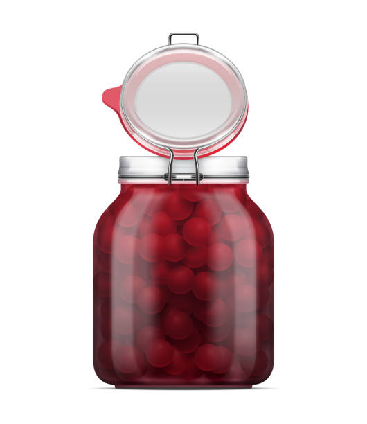 Vector open labeled Swing Top Bale Glass Jar filled with cherry in syrup. Vector open labeled Swing Top Bale Glass Jar with a rubber gasket filled with maraschino cherry in syrup. Realistic mockup illustration isolated on a white background. maraschino cherry stock illustrations