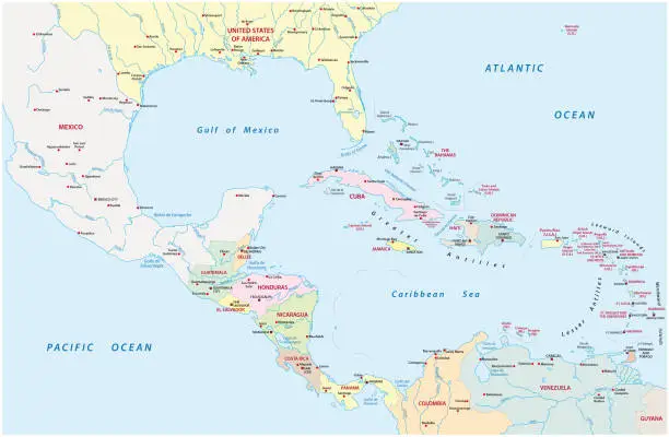 Vector illustration of administrative map of Central America and the Caribbean countries