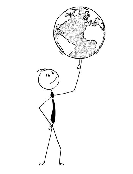 Conceptual Cartoon of Businessman with World Globe on Finger Cartoon stick man drawing conceptual illustration of businessman with world earth globe on finger. Concept of international worldwide global business success. finger spinning globe stock illustrations