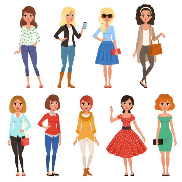 Set of attractive girls in fashionable casual clothes with accessories. Full-length of cartoon female characters with cheerful face expressions. Flat vector design Set of attractive girls dressed in fashionable casual clothes with accessories. Full-length of cartoon female characters. Young women posing with cheerful face expressions. Isolated flat vector design white shirt black skirt stock illustrations