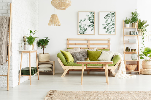 Table and plants on wooden shelf in floral living room with green sofa against wall with leaves posters