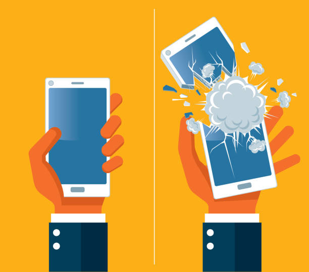 ilustraciones, imágenes clip art, dibujos animados e iconos de stock de explosión de smartphone - bomb exploding vector problems